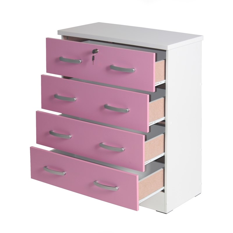 Better Home Products Cindy 4 Drawer Chest Wooden Dresser with Lock White & Pink