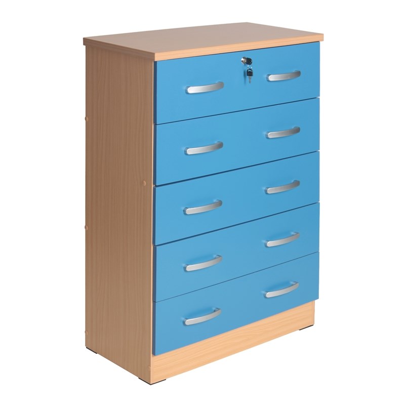 Better Home Products Cindy 5 Drawer Chest Wooden Dresser with Lock in Blue