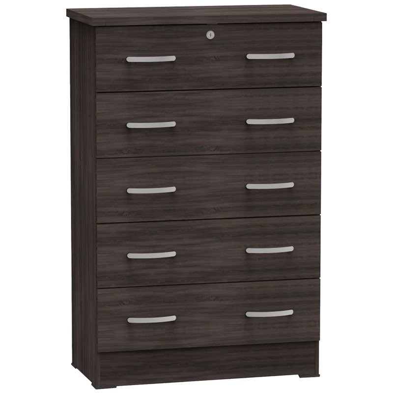 Better Home Products Cindy 5 Drawer Chest Wooden Dresser with Lock Pecan (Gold)