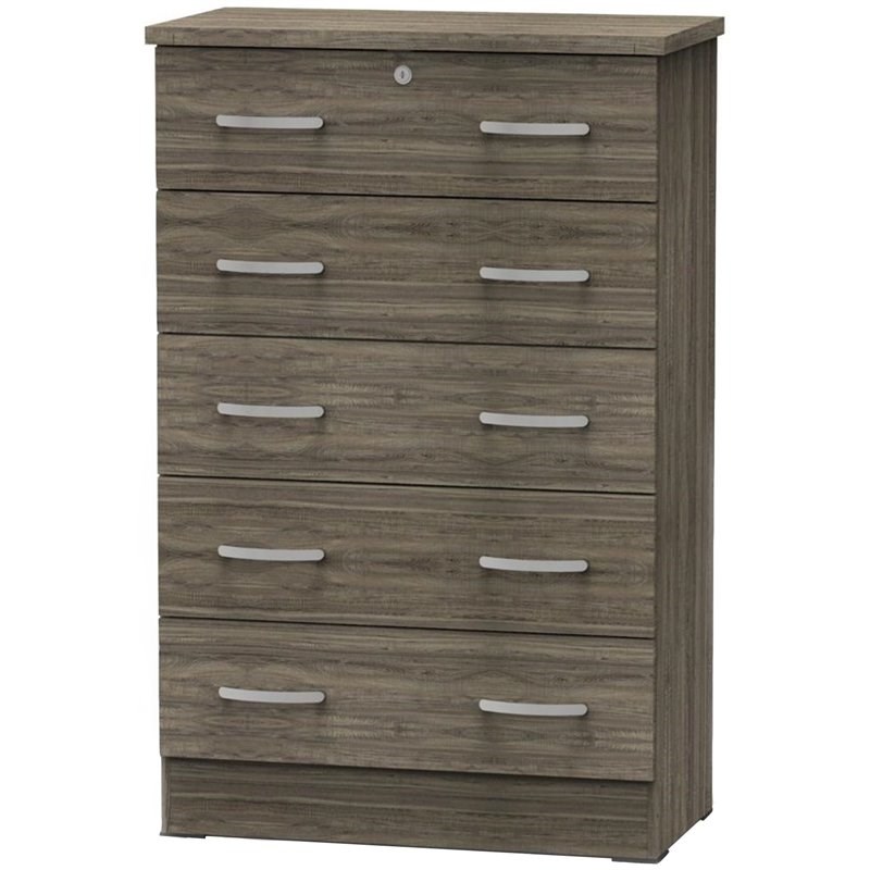 Better Home Products Cindy 5 Drawer Chest Wooden Dresser with Lock in Silver