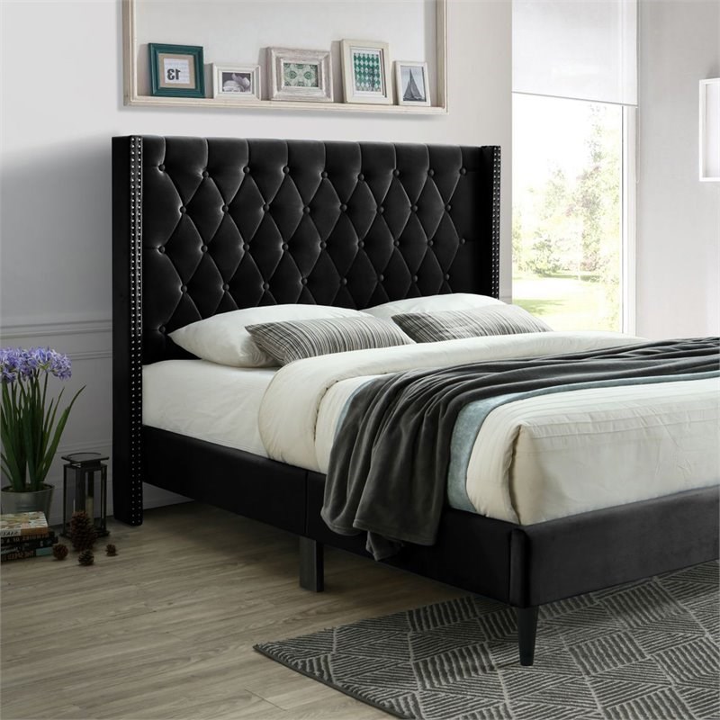 better home products amelia velvet tufted full platform bed in black