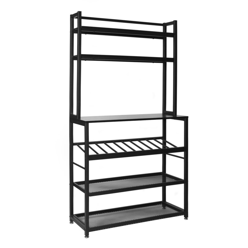 Better Home Products 6 Tier Metal Kitchen Baker's Rack with Wine Rack in Black