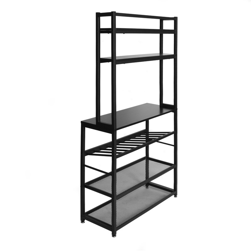 Better Home Products 6 Tier Metal Kitchen Baker's Rack with Wine Rack in Black