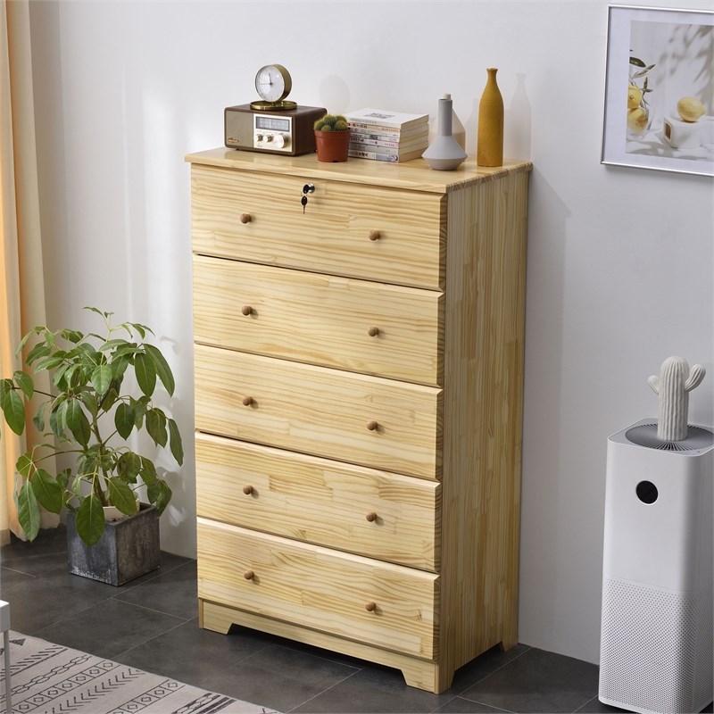 Better Home Products Isabela Solid Pine Wood 5 Drawer Chest Dresser in Natural
