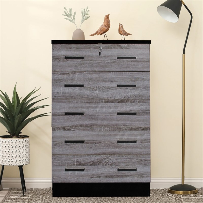 Better Home Products Cindy 5 Drawer Chest Wooden Dresser with Lock in Ebony