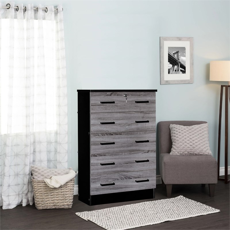 Better Home Products Cindy 5 Drawer Chest Wooden Dresser with Lock in Ebony