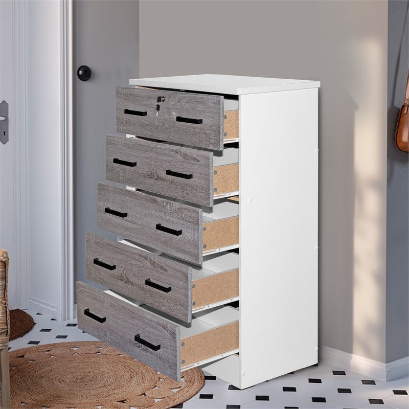Better Home Products Cindy 5 Drawer Chest Wooden Dresser with Lock in White/Gray