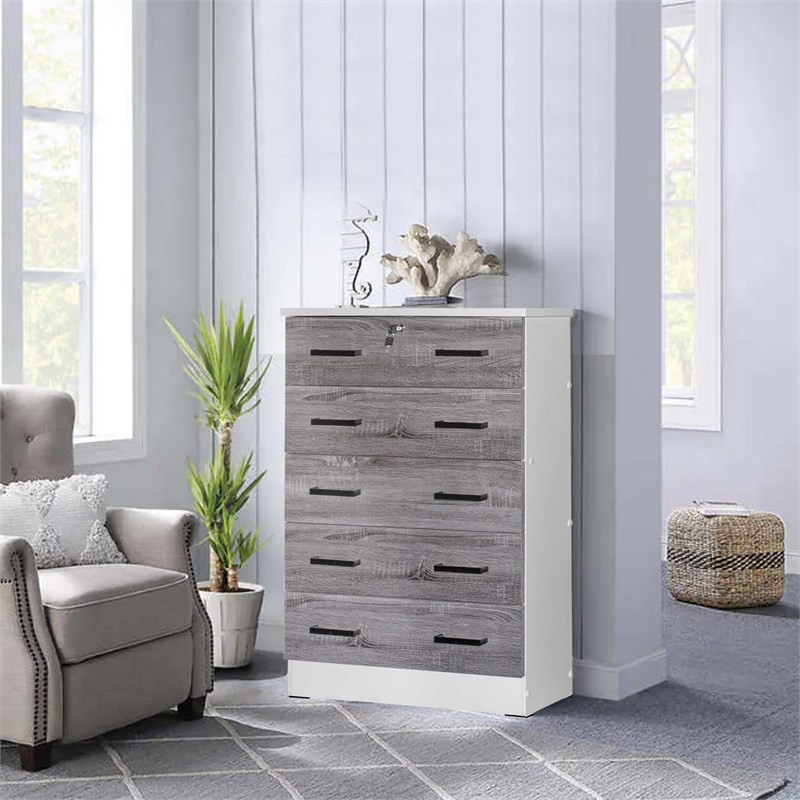 Better Home Products Cindy 5 Drawer Chest Wooden Dresser with Lock in White/Gray