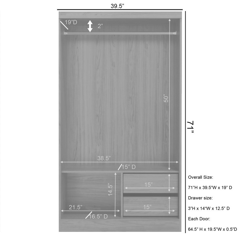 Better Home Products Mirror Wood Double Sliding Door Wardrobe in Gray