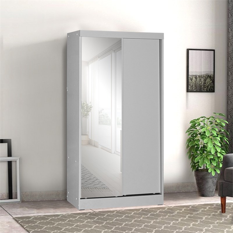 Better Home Products Mirror Wood Double Sliding Door Wardrobe in Light Gray