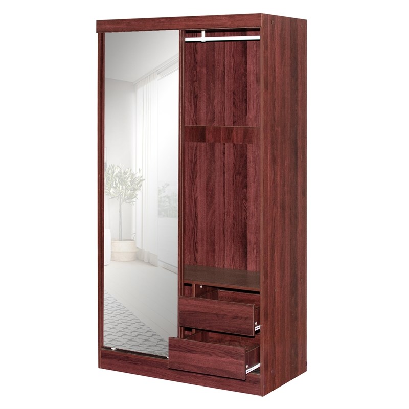 Better Home Products Mirror Wood Double Sliding Door Wardrobe in Mahogany