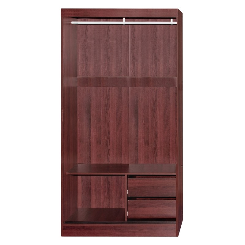 Better Home Products Mirror Wood Double Sliding Door Wardrobe in Mahogany