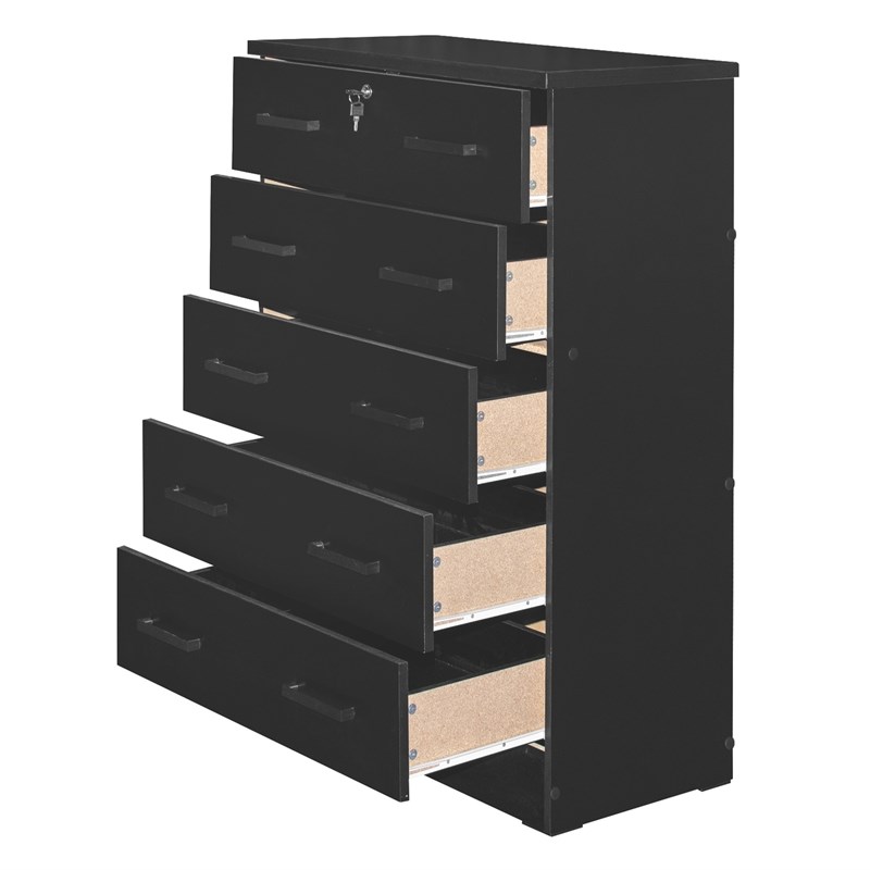 Better Home Products Cindy 5 Drawer Chest Wooden Dresser with Lock in Black
