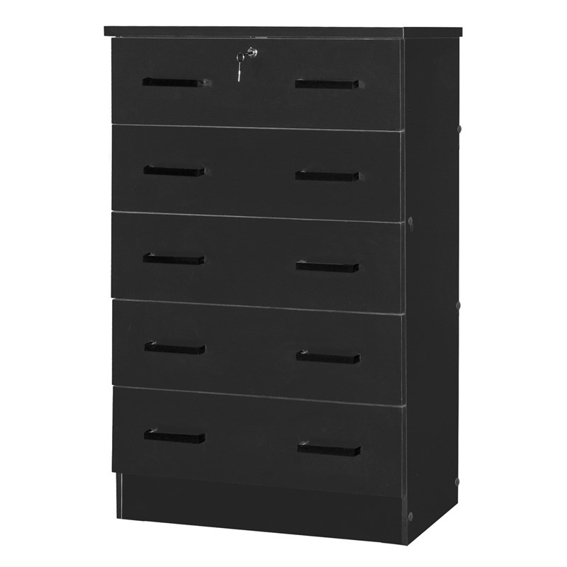 Better Home Products Cindy 5 Drawer Chest Wooden Dresser with Lock in Black