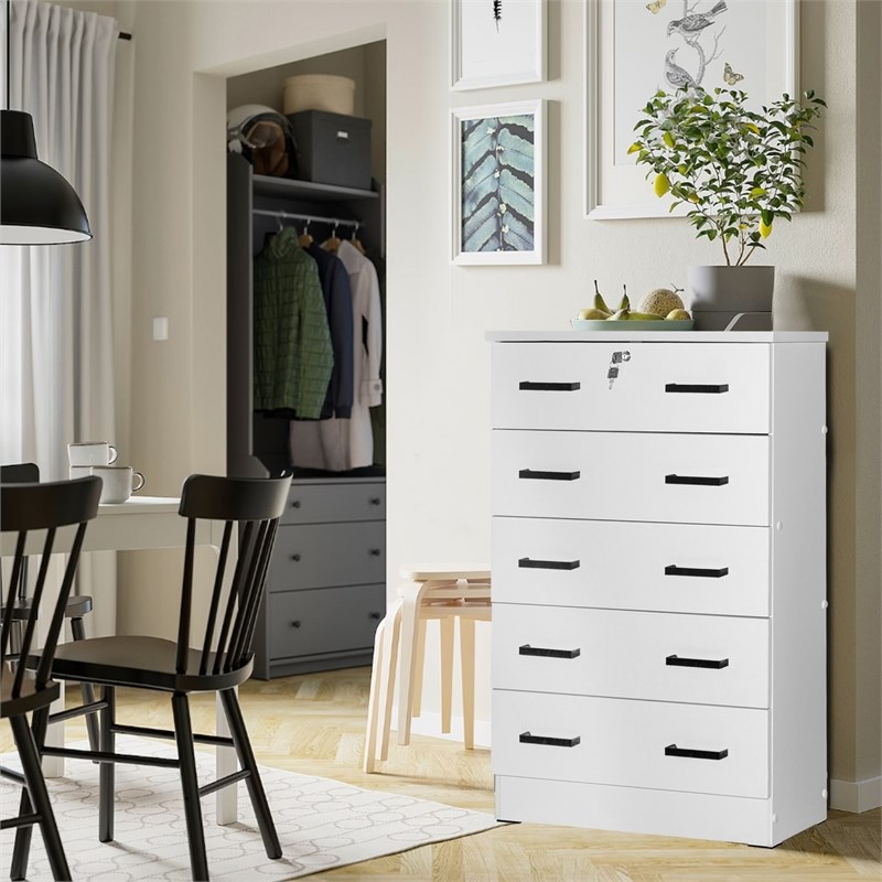 Better Home Products Cindy 5 Drawer Chest Wooden Dresser with Lock in White