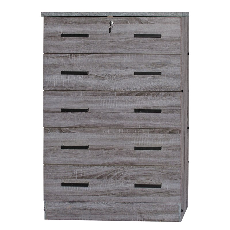 Better Home Products Cindy 5 Drawer Chest Wooden Dresser with Lock in Gray