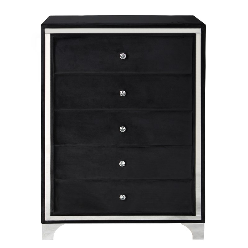Better Home Products Monica Velvet Upholstered 5 Drawer Chest Dresser in Black
