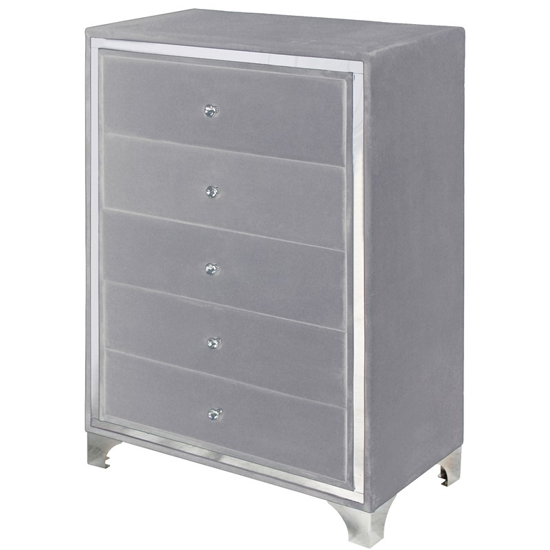 Better Home Products Monica Velvet Upholstered 5 Drawer Chest Dresser in Gray