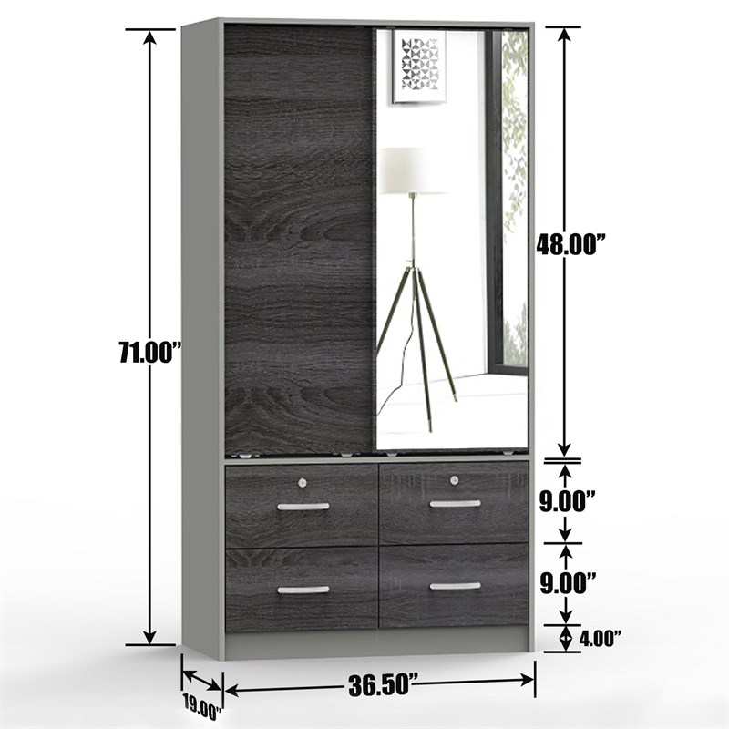 Better Home Products Sarah Double Sliding Door Armoire with Mirror in Gray