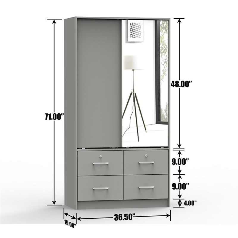 Better Home Products Sarah Double Sliding Door Armoire with Mirror in Light Gray