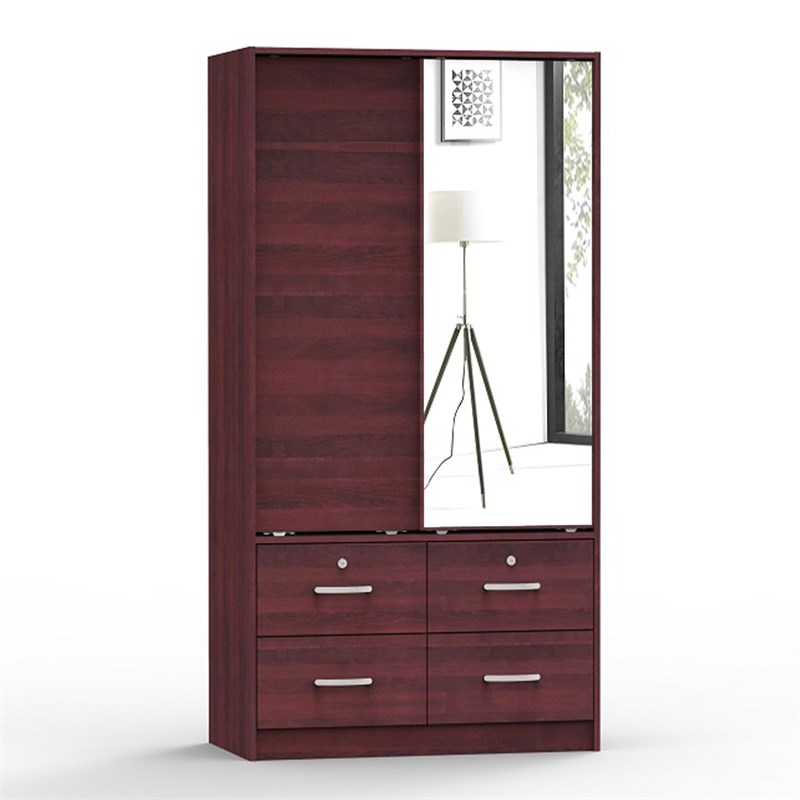 Better Home Products Sarah Double Sliding Door Armoire with Mirror in Mahogany