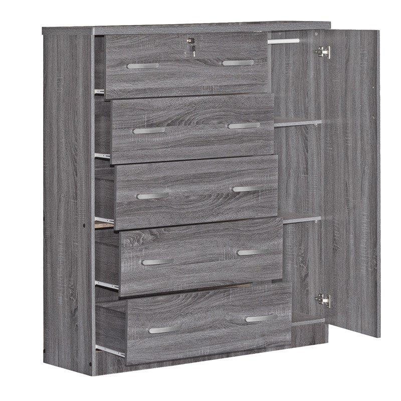 Better Home Products JCF Sofie 5 Drawer Wooden Tall Chest Wardrobe in Gray