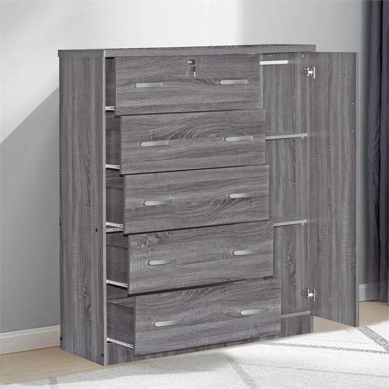 Better Home Products JCF Sofie 5 Drawer Wooden Tall Chest Wardrobe in Gray