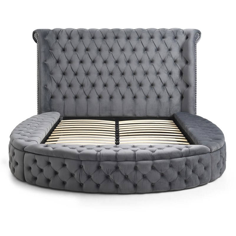 Better Home Products Elizabeth Upholstered Round Storage Queen Bed in Gray