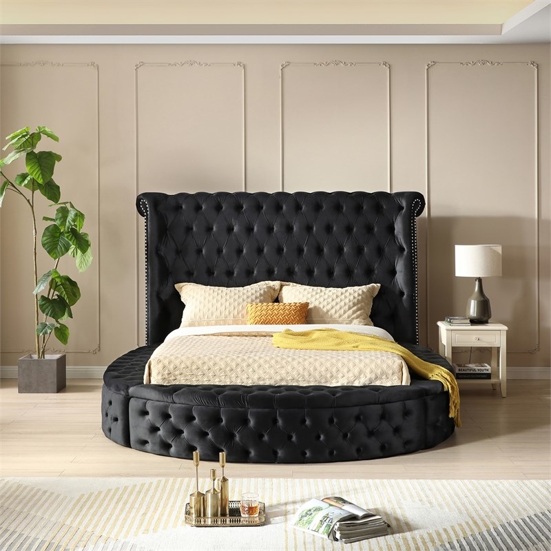 Better Home Products Elizabeth Upholstered Round Storage Queen Bed in Black