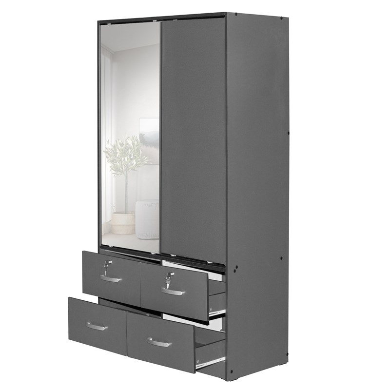 Better Home Products Sarah Double Sliding Door Armoire with Mirror in Dark Gray