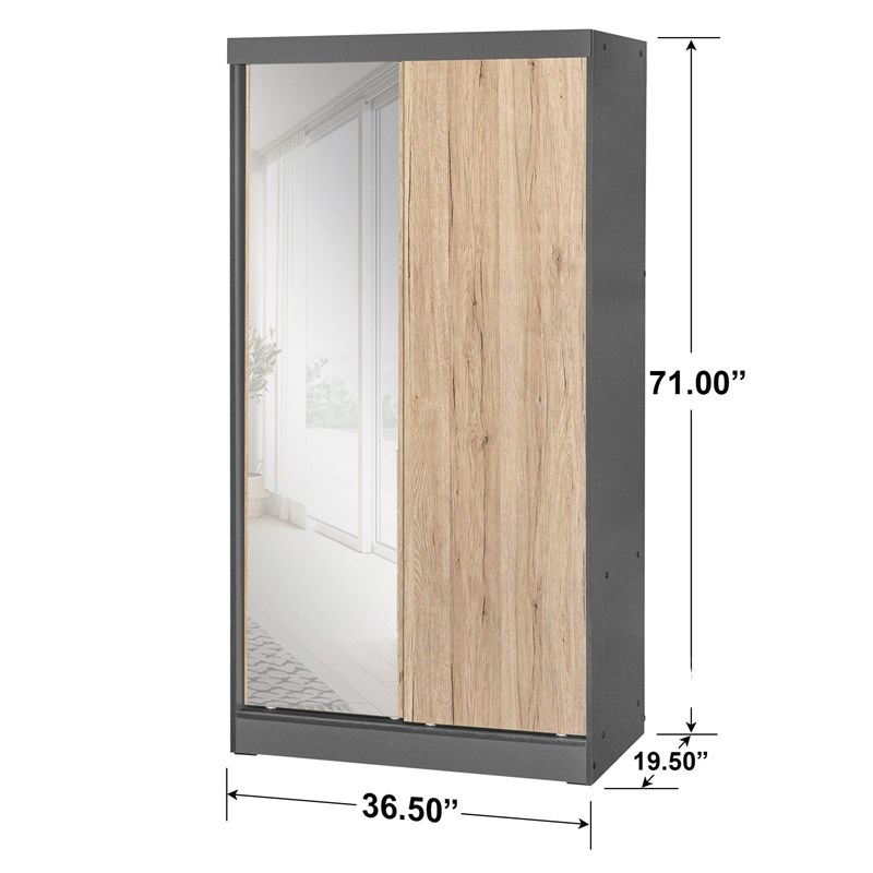 Better Home Products Modern Wood Double Sliding Door Wardrobe Natural Oak /Gray