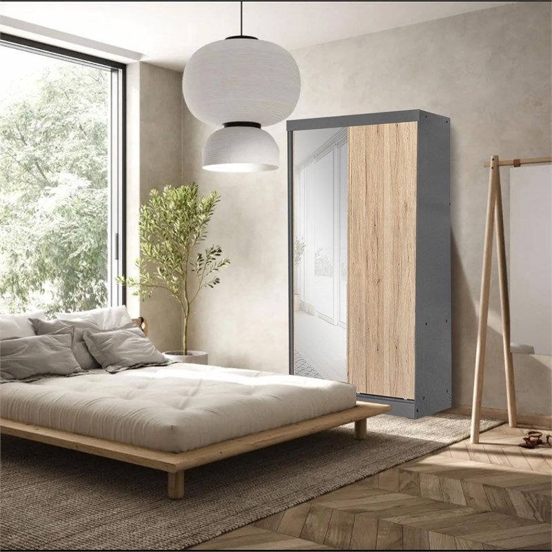 Better Home Products Modern Wood Double Sliding Door Wardrobe Natural Oak /Gray