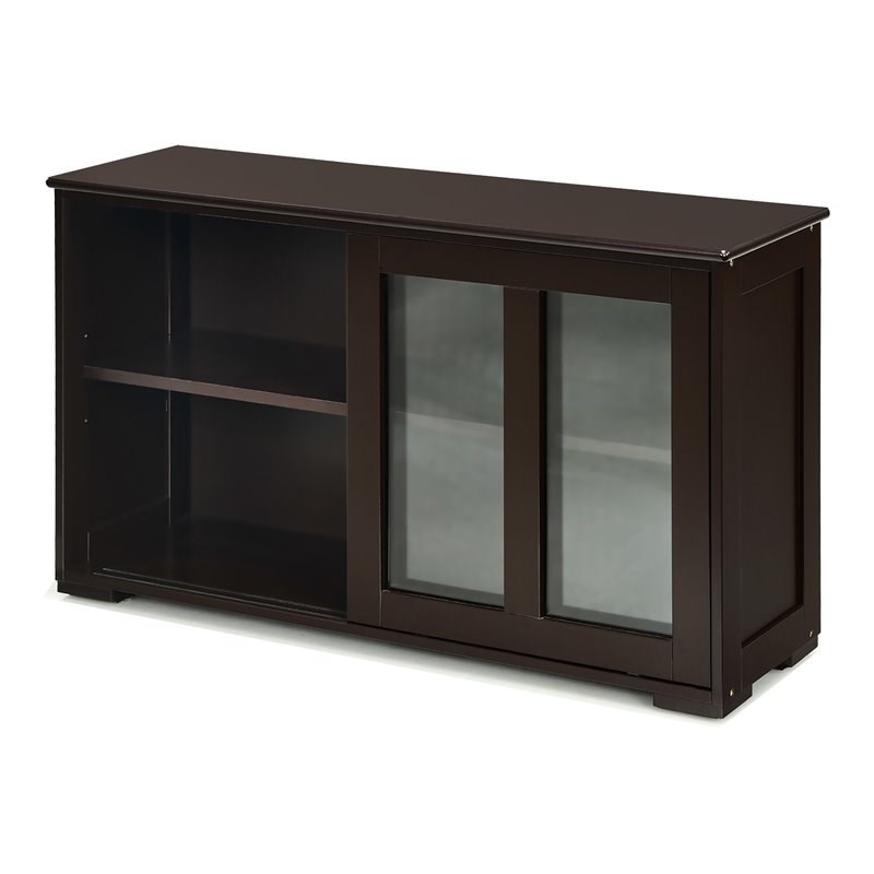 Costway Mdf And Glass Kitchen Storage, Shallow Cabinet With Sliding Doors