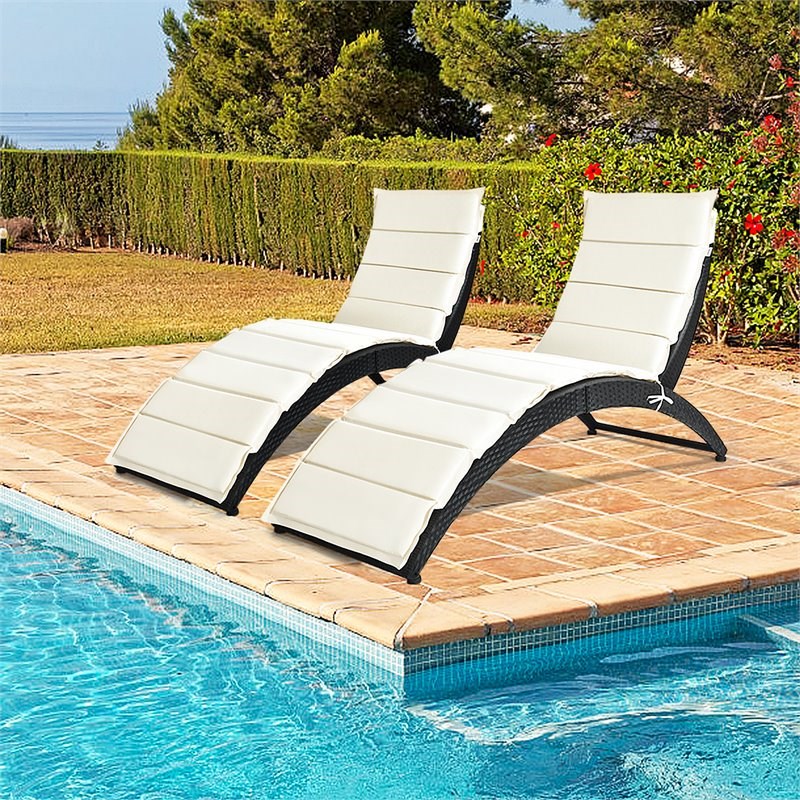 Costway 2 Pieces Rattan Folding Patio Lounge Chaise Chair with Cushion in Black