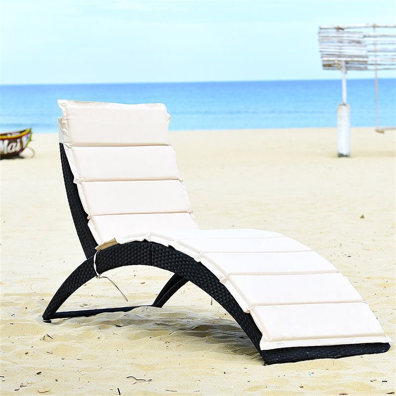 Costway 2 Pieces Rattan Folding Patio Lounge Chaise Chair with Cushion in Black