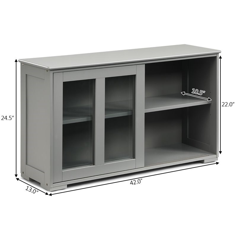 Costway MDF and Glass Kitchen Storage Cabinet with Sliding Door in Gray