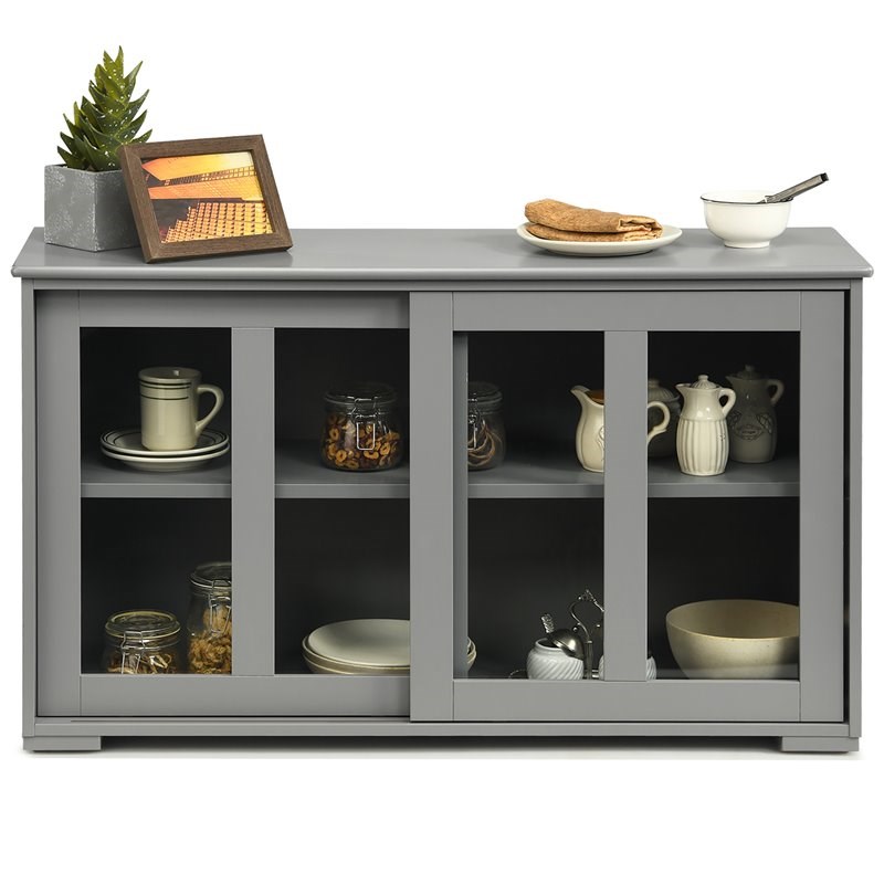 Costway MDF and Glass Kitchen Storage Cabinet with Sliding Door in Gray