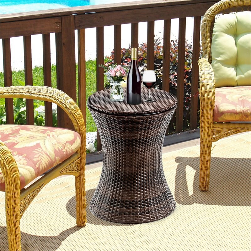 Costway Contemporary Iron and Rattan Height Adjustable Cool Bar Table in Brown