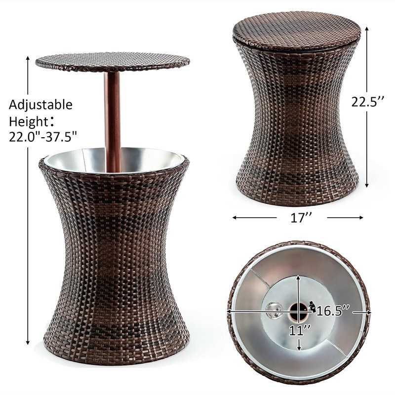 Costway Contemporary Iron and Rattan Height Adjustable Cool Bar Table in Brown