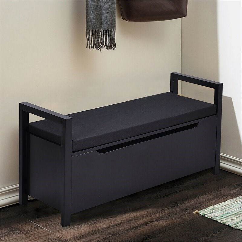 Costway Contemporary Wood Storage Bench with Removable Cushion in Black