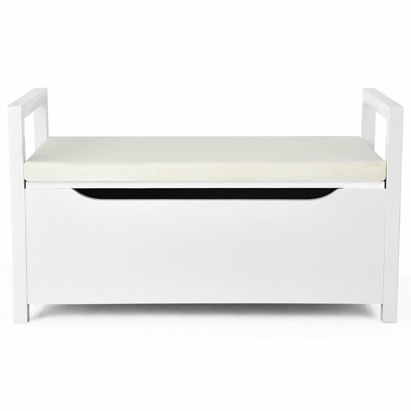 Costway Contemporary Wood Storage Bench with Removable Cushion in White