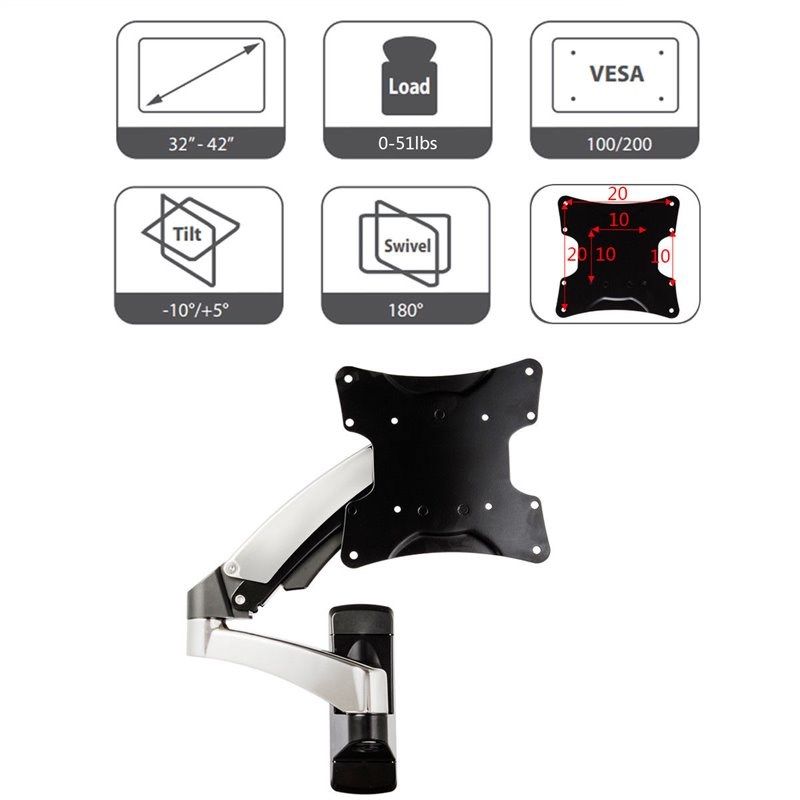 Costway Metal TV Wall Mount Monitor with Adjustable Hydraulic Arm in Silver