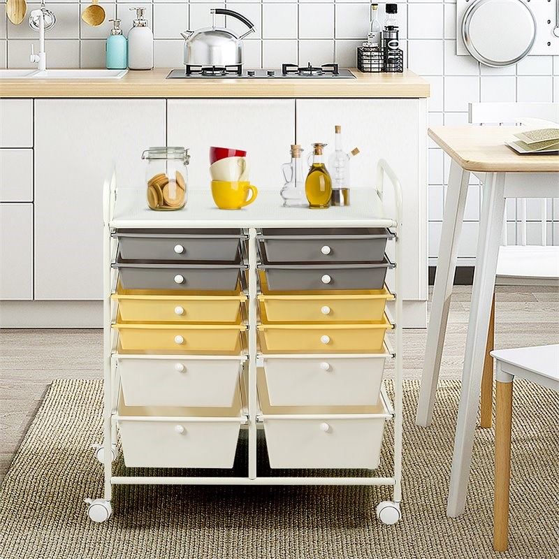 Costway 12-drawer Steel and Plastic Rolling Storage Cart in White/Yellow/Gray
