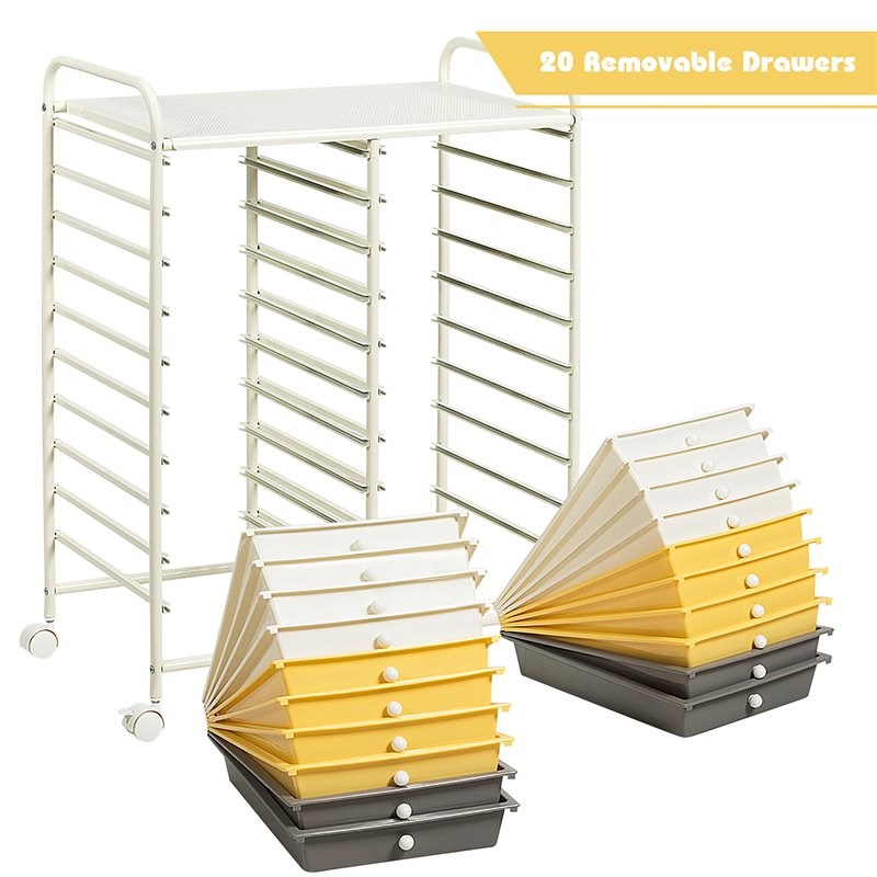 Costway 20-drawer Steel and Plastic Rolling Storage Cart in White/Yellow/Gray