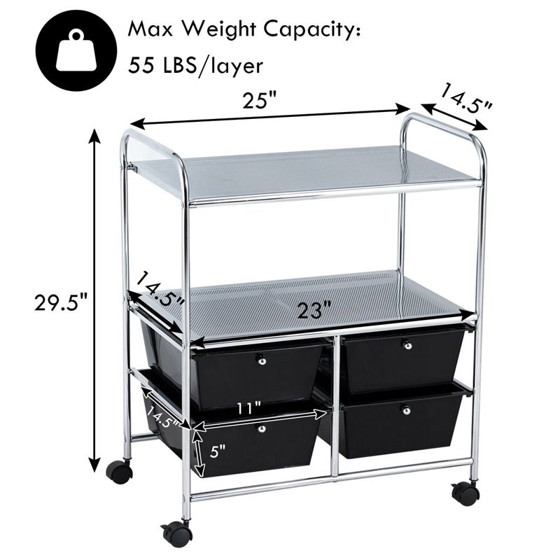 Costway 4-drawer Contemporary PP and Steel Rolling Storage Cart in Black/Silver