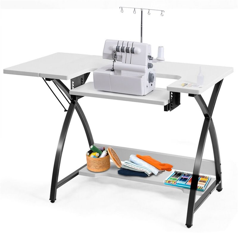 Costway MDF and PVC Folding Sewing Table with Adjustable Platform in White