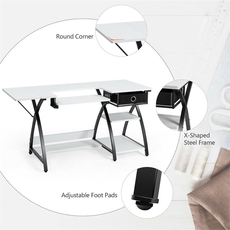 Costway MDF and PVC Folding Sewing Table with Drawer and 3 Shelves in White