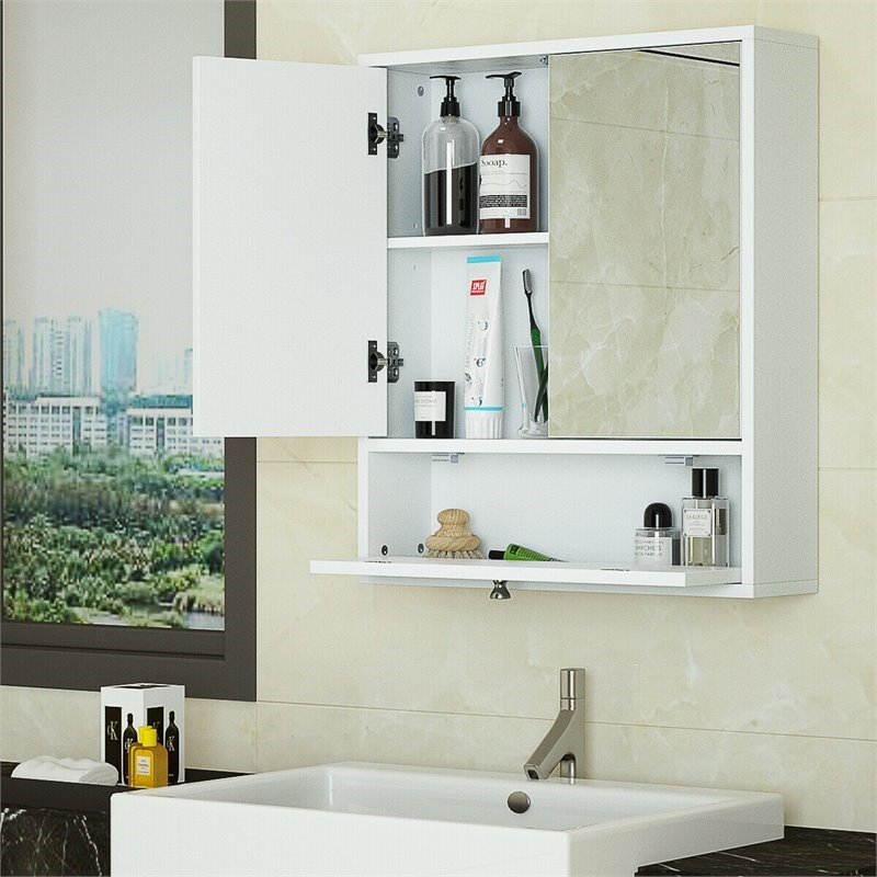 Costway Contemporary Wood Wall Mount Bathroom Cabinet with 2 Mirrors in White