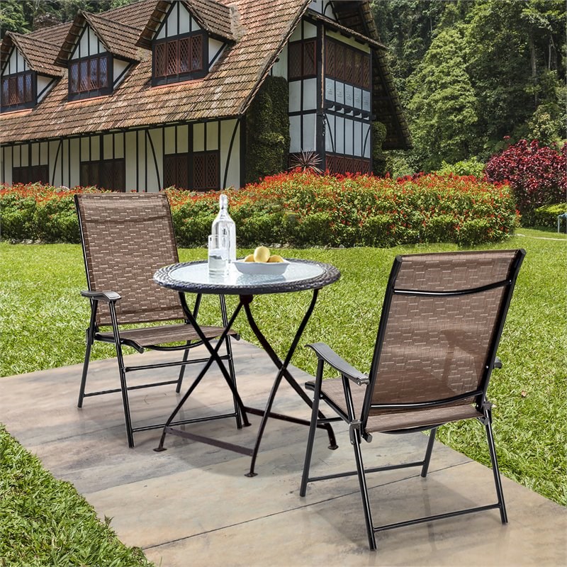 Costway Steel and Fabric Patio Folding Chair with Armrest in Brown (Set of 2)
