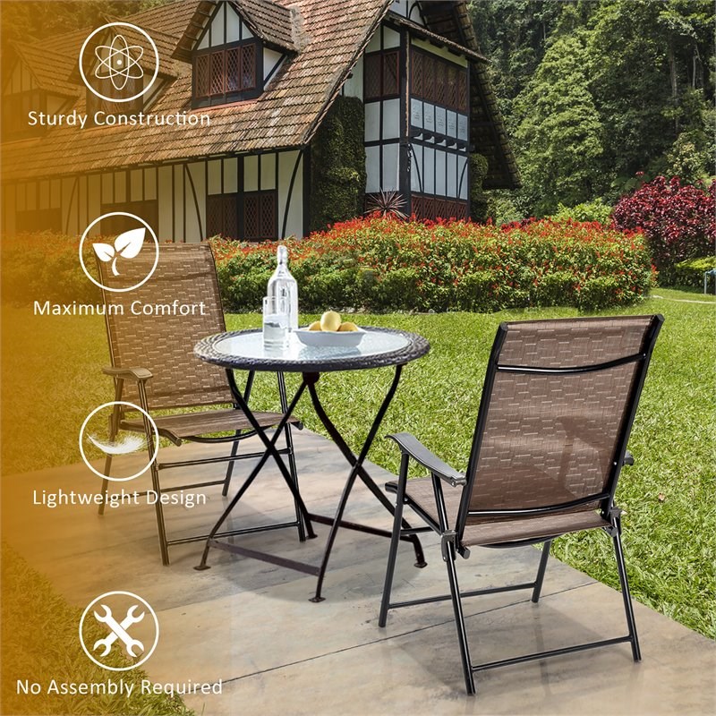 Costway Steel and Fabric Patio Folding Chair with Armrest in Brown (Set of 2)